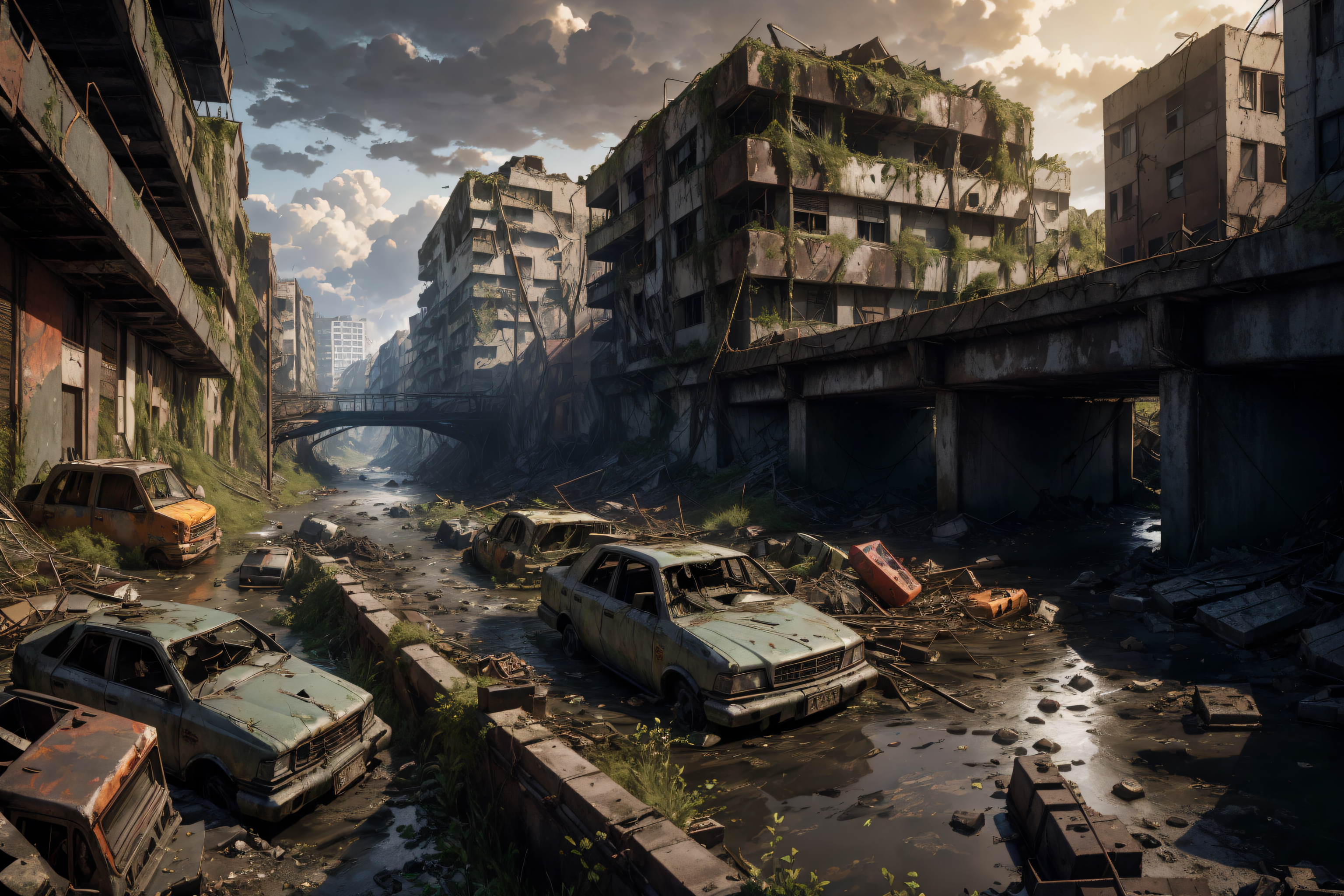 00233-8k realistic vray HDR  6000K   on a post-apocalyptic collapsed bridge scattered twisted metal concrete blocks flowing ri 2023-07-20-0000.png